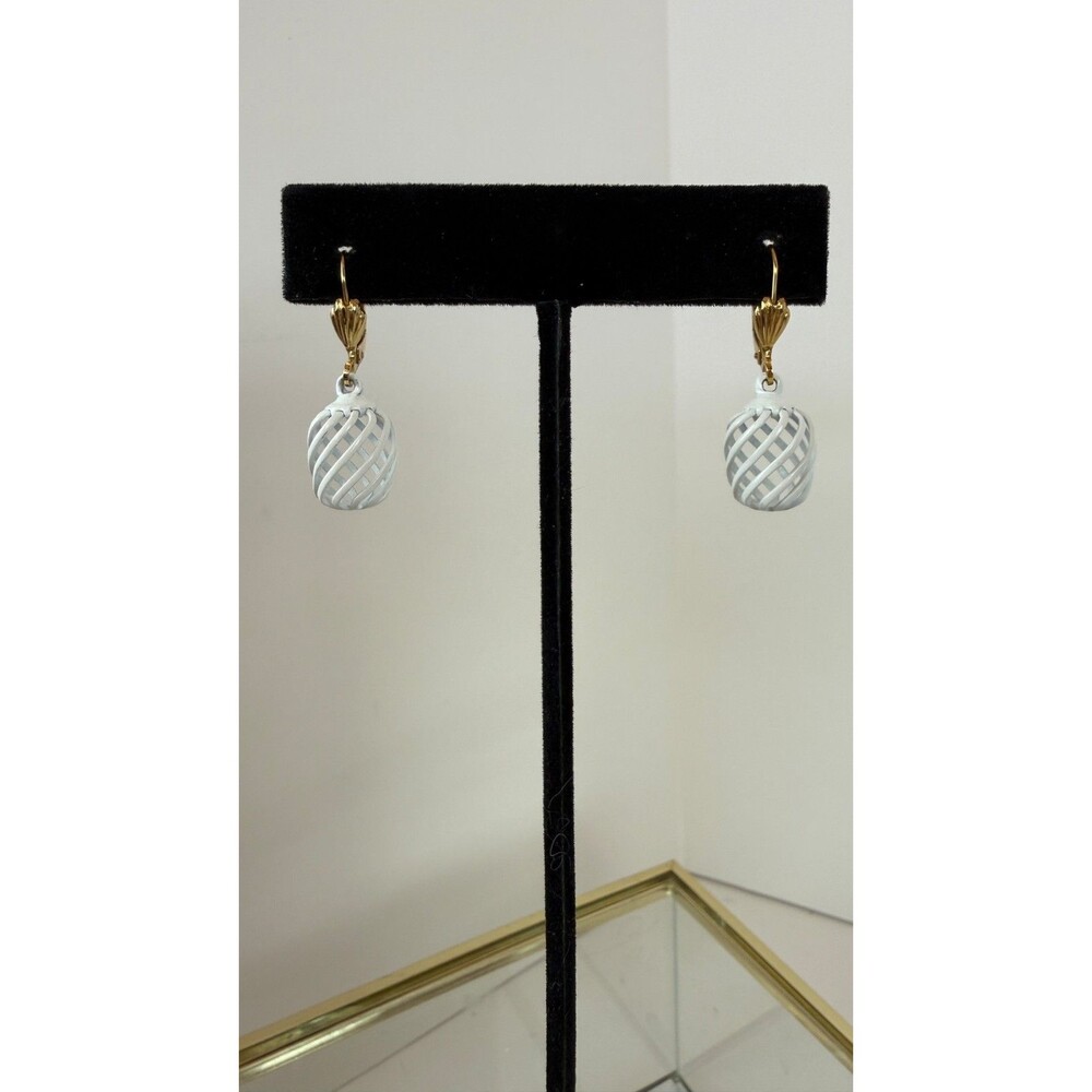 Vintage West Germany White Lattice Drop Earrings Gold Tone Leverbacks